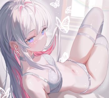 1girl ahoge bare_shoulders bra breasts bug butterfly choker closed_mouth expressionless hashtag-only_commentary highres indie_virtual_youtuber insect knees_up long_hair looking_at_viewer moemoepiano multicolored_hair navel otonoha_moe panties pink_hair purple_eyes small_breasts solo stomach thigh_strap thighhighs thighs two-tone_hair underwear underwear_only very_long_hair virtual_youtuber white_bra white_choker white_hair white_panties white_thighhighs