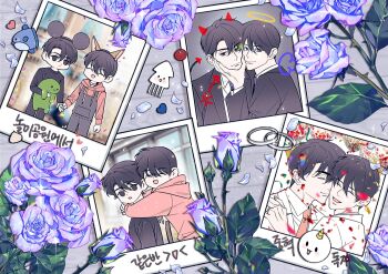 Rule 34 | 2boys, angel and devil, animal ear hairband, animal ears, animal pin, arm around neck, biyoo (omniscient reader's viewpoint), black hair, black shirt, cat ears, collared shirt, drawn halo, drawn horns, drawn tail, fake animal ears, fish, flower, hairband, halo, hand on another's shoulder, highres, hood, hood down, hoodie, imgeun, jewelry, kim dokja, korean text, mouse ears, multiple boys, multiple views, necktie, ocean sunfish, omniscient reader's viewpoint, petals, photo (object), pink hoodie, pink necktie, purple flower, purple rose, ring, rose, shirt, short hair, smile, squid, stuffed animal, stuffed toy, suspenders, translation request, upper body, white shirt, yoo joonghyuk