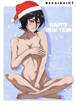 1girl artist_name black_hair bleach border breasts covering_breasts covering_privates crossed_legs english_text female_focus happy_new_year hat highres kuchiki_rukia light_blush looking_at_viewer medium_hair navel negaiaoi928374 new_year santa_hat shiny_skin simple_background small_breasts stomach white_border