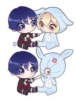 1boy 1girl alternate_costume anger_vein animal_ear_hood animal_hood armor artist_name baobei_(baobei_bu) black_footwear black_kimono black_shorts blonde_hair blunt_ends brown_eyes chibi closed_mouth drawstring drawstring_pull eyelashes fake_animal_ears full_body genshin_impact hair_between_eyes han'eri highres hood japanese_armor japanese_clothes kimono kote kurokote layered_kimono looking_at_another looking_down lumine_(genshin_impact) onesie open_clothes open_kimono open_mouth purple_eyes purple_hair rabbit_hood raised_eyebrows red_kimono sandals sanpaku scaramouche_(genshin_impact) sequential short_hair short_sleeves shorts sitting zouri