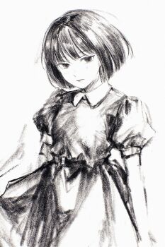 1girl dress expressionless graphite_(medium) greyscale highres looking_at_viewer machihazure monochrome original short_hair solo traditional_media