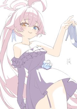 1girl absurdres ahoge blue_archive blue_eyes blue_flower dress fang flower halo heterochromia high_heels highres holding holding_shoes holding_unworn_clothes hoshino_(blue_archive) orange_eyes pink_hair shoes skin_fang unworn_shoes ushaku