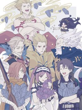 3girls 5boys ;d aopix_001 armor bare_shoulders black_hair blonde_hair body_markings brown_hair commentary_request crossed_arms dual_persona earrings euryale_(fate) facial_hair fate/grand_order fate_(series) fujimaru_ritsuka_(male) gate_of_babylon_(fate) gilgamesh_(fate) grey_hair gun hairband heart_(organ) highres holding holding_gun holding_weapon ishtar_(fate) james_moriarty_(archer)_(fate) jewelry long_hair multiple_boys multiple_girls mustache one_eye_closed open_mouth ptolemy_(fate) ptolemy_(third_ascension)_(fate) purple_eyes purple_hair quantum_piece_(fate) red_eyes rifle smile sugitani_zenjubou_(fate) twintails two_side_up weapon