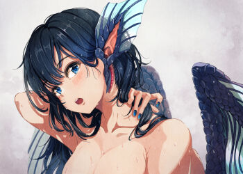 159cm 1girl armpit_crease bare_shoulders blue_eyes blue_hair blue_nails blush breasts cleavage coelacanth collarbone commentary_request fins fish gills grey_background hand_on_own_neck head_fins large_breasts long_hair looking_at_viewer monster_girl nail_polish nude open_mouth original solo teeth upper_teeth_only