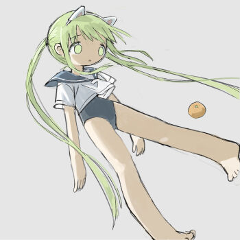 1girl animal_ears barefoot cat_ears fake_animal_ears food fruit green_eyes green_hair grey_background grey_one-piece_swimsuit grey_sailor_collar highres long_hair one-piece_swimsuit orange_(fruit) original parted_lips sailor_collar sailor_shirt shirt short_sleeves simple_background solo swimsuit swimsuit_under_clothes tareme tsukumizu twintails very_long_hair white_shirt