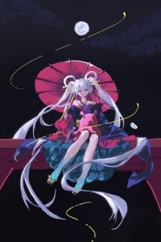 1girl absurdly_long_hair absurdres bare_shoulders blue_eyes c204 chinese_commentary chou_kaguya-hime! cloud commentary_request full_body full_moon hair_ornament hair_rings hair_stick highres holding holding_umbrella japanese_clothes kimono long_hair looking_at_viewer moon night off_shoulder oil-paper_umbrella sitting sky solo twintails umbrella very_long_hair white_hair yachiyo_runami