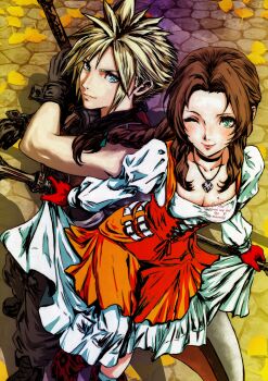 1boy 1girl absurdres aerith_gainsborough aerith_gainsborough_(garnet's_gown) bare_shoulders black_boots black_choker black_gloves black_pants black_vest black_wrist_cuffs blonde_hair blue_eyes boots braid braided_ponytail breasts brown_hair choker cleavage cloud_strife cloud_strife_(zidane's_outfit) cobblestone commentary cosplay crystal dress english_commentary feet_out_of_frame final_fantasy final_fantasy_vii final_fantasy_vii:_ever_crisis garnet_til_alexandros_xvii garnet_til_alexandros_xvii_(cosplay) gloves green_eyes highres holding holding_behind_back holding_sword holding_weapon holding_weapon_behind_back jewelry juliet_sleeves long_dress long_hair long_sleeves looking_at_viewer medium_breasts oeilvert_fft official_alternate_costume one_eye_closed orange_dress pants parted_bangs pendant petticoat puffy_sleeves red_boots red_gloves shirt short_hair sidelocks single_braid smile socks spiked_hair sword vest weapon white_shirt white_socks wrist_cuffs zidane_tribal zidane_tribal_(cosplay)