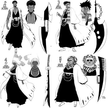 Rule 34 | 2boys, 2girls, beard, black kimono, bleach, breasts, chain blades, character name, chinstrap beard, cleavage, dark-skinned female, dark-skinned male, dark skin, double blade, earrings, facial hair, full body, greyscale, haori, headscarf, highres, holding, holding sword, holding weapon, hoop earrings, jagged sword, japanese clothes, jewelry, kimono, kinky hair, large breasts, mature female, monochrome, multiple boys, multiple girls, mythallica, numbered, one eye covered, original, scarf on head, shihakusho, shinigami, sunglasses, sword, taichou haori, tooth earrings, turban, v-shaped eyebrows, very dark skin, weapon, white haori, zanpakutou