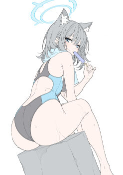1girl absurdres animal_ear_fluff animal_ears aqua_halo aqua_one-piece_swimsuit back_cutout blue_archive blue_eyes bright_pupils clothing_cutout commentary competition_swimsuit feet_out_of_frame food grey_hair grey_one-piece_swimsuit halo hand_up highres holding holding_food holding_popsicle mismatched_pupils multicolored_one-piece_swimsuit one-piece_swimsuit popsicle shiroko_(blue_archive) simple_background sitting solo swimsuit symbol-only_commentary t1kosewad towel towel_around_neck two-tone_one-piece_swimsuit wet white_background white_pupils