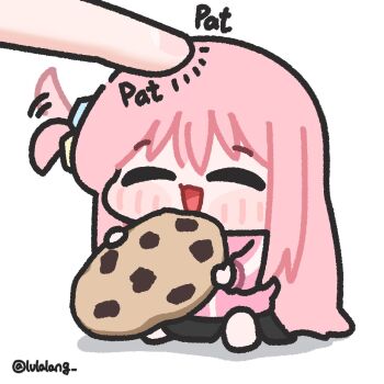 1girl black_skirt blush_stickers bocchi_the_rock! chibi chibi_only closed_eyes cookie facing_viewer food full_body gotoh_hitori hair_wagging happy highres holding holding_cookie holding_food jacket long_hair lulalang one_side_up open_mouth pink_hair pink_jacket simple_background sitting skirt smile solo_focus twitter_username white_background