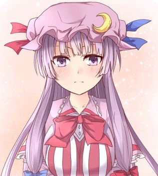 1girl ^_^ animated animated_gif blush bouncing_breasts breasts capelet closed_eyes coat crescent dress emofuri multiple_expressions facing_viewer female_focus hair_ribbon hands_on_own_chest hat head_tilt large_breasts long_hair long_sleeves looking_at_viewer md5_mismatch mob_cap open_clothes open_coat patchouli_knowledge purple_dress purple_hair ram_hachimin ribbon smile solo striped_clothes striped_dress touhou tress_ribbon ugoira upper_body very_long_hair