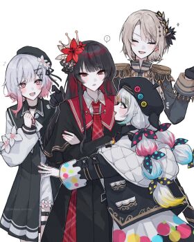 4girls :d beret black_dress black_gloves black_hair black_hat black_jacket black_shirt black_skirt blonde_hair bow cherry_blossoms closed_eyes commentary_request dress flower gloves gradient_hair grey_hair hair_flower hair_ornament hasumi_leia hat highres jacket jogasaki_noah long_hair long_sleeves looking_at_another mahou_shoujo_no_majo_saiban minao_omina multi-tied_hair multicolored_hair multiple_girls necktie nikaido_hiro open_mouth pink_eyes pink_hair pleated_skirt polka_dot polka_dot_bow red_eyes red_flower red_necktie red_sailor_collar sailor_collar sakuraba_ema shirt short_hair simple_background skirt smile standing streaked_hair white_background x_hair_ornament yellow_eyes