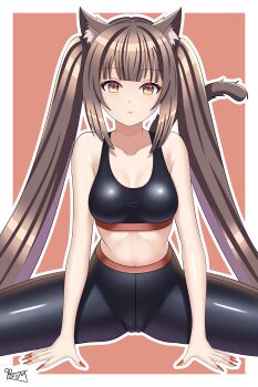 1girl absurdres alternate_breast_size_(larger) alternate_costume animal_ear_fluff animal_ears armpit_crease bare_arms black_sports_bra blunt_bangs border breasts brown_eyes brown_hair cameltoe cat_ears cat_girl cat_tail chocola_(nekopara) closed_mouth collarbone eyelashes f0rum7v fingernails highres large_breasts light_smile long_hair midriff nail_polish navel nekopara outline outside_border pants pink_background red_nails sharp_fingernails sidelocks signature simple_background slit_pupils solo split sports_bra spread_legs straight_hair tail tail_raised twintails very_long_hair white_border white_outline yoga_pants