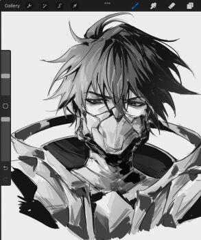 1boy art_program_in_frame black_hair capelet collar covered_mouth ghostblade_(to_be_hero_x) greyscale highres looking_to_the_side male_focus mask monochrome narrowed_eyes pao_fu226 portrait screencap short_hair solo to_be_hero to_be_hero_x