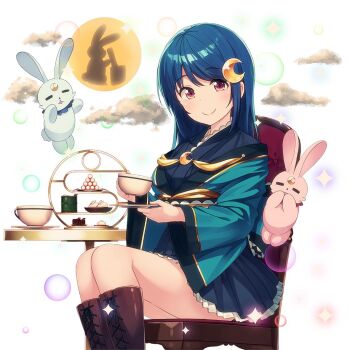 1girl blue_hair boots breasts brown_boots chair cloud cloudy_sky commentary_request crescent crescent_hair_ornament cup full_moon hair_ornament hairclip holding holding_cup japanese_clothes large_breasts long_hair luna_softeti moon on_chair purple_eyes rabbit rabbit_hair_ornament sitting siva_(executor) sky table uchi_no_hime-sama_ga_ichiban_kawaii
