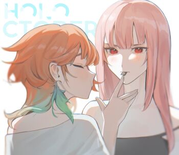 Rule 34 | 2girls, alternate costume, blush, breasts, choker, couple, earrings, feather earrings, feathers, feeding, gradient hair, green choker, green hair, highres, hololive, hololive english, izume me, jewelry, large breasts, long hair, looking at viewer, mori calliope, multicolored hair, multiple girls, open mouth, orange hair, pink hair, takanashi kiara, virtual youtuber, yuri