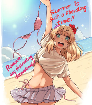 Rule 34 | 1boy, absurdres, beach, bikini, bikini under clothes, blonde hair, bridget (guilty gear), crossdressing, crossdressing (mtf), day, english text, flower, guilty gear, guilty gear strive, hair flower, hair ornament, highres, holding, holding swimsuit, holding unworn clothes, looking at viewer, male focus, navel, ocean, open mouth, outdoors, pink bikini, sand, shirt, skirt, solo, stomach, sugajyun, summer, swimsuit, tied shirt, trap, unworn bikini top, unworn swimsuit, water
