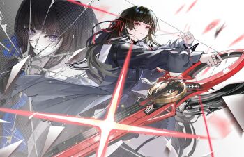 1girl black_choker black_hair black_jacket broken_glass chisa_(wuthering_waves) choker closed_mouth commentary from_side glass hair_ribbon hashtag-only_commentary holding holding_sword holding_weapon jacket light_smile long_hair long_sleeves looking_at_viewer minglu_(gululu) multiple_views neckerchief red_eyes red_neckerchief red_ribbon ribbon sailor_collar sword thigh_strap very_long_hair weapon white_sailor_collar wuthering_waves