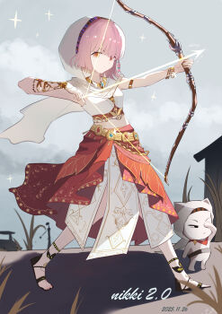 :o anklet argyle_clothes argyle_skirt armlet arrow_(projectile) bare_shoulders beads belt black_eyes black_sandals blunt_bangs bow_(weapon) bracelet braid brown_eyes cloak cloud cloudy_sky commentary_request covering_one_eye crop_top day determined dot_nose drawing_bow ear_covers eyelashes floating_clothes furrowed_brow gold_armlet gold_belt gold_bracelet hair_beads hair_ornament half-closed_eye highres holding holding_arrow holding_bow_(weapon) holding_weapon hood hood_up hooded_cloak house infinity_nikki jewelry layered_skirt long_skirt looking_ahead looking_at_viewer midriff momo_(nikki) multiple_bracelets nikki_(nikki) nikki_(series) official_alternate_costume outdoors parted_lips pink_hair pleated_skirt purifying_wind_(infinity_nikki) red_skirt sandals shadow shirt short_hair side_braid single_braid skirt sky sleeveless sleeveless_shirt so_ni_ni studded_anklet weapon weeds white_cloak white_shirt white_sky