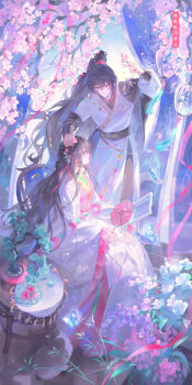 Rule 34 | 1boy, 1girl, absurdres, bonsai, book, branch, chair, cherry blossoms, chinese clothes, closed mouth, curtains, falling petals, flower, hair between eyes, hair flower, hair ornament, hair stick, hand fan, hanfu, high ponytail, highres, holding, holding book, holding branch, holding fan, holding flower, long hair, long sleeves, looking at another, looking up, original, petals, pink eyes, pink flower, pink hanfu, pink petals, ponytail, profile, red eyes, sample watermark, sidelocks, sitting, smile, very long hair, watermark, wide sleeves, zi