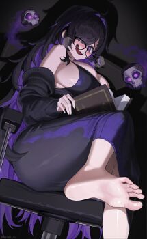 1girl absurdres bags_under_eyes barefoot black-framed_eyewear black_dress black_hair blush book breasts breath chair colored_inner_hair commentary_request dress feet floating_skull foot_focus glasses goddess_of_victory:_nikke hair_over_one_eye highres holding holding_book label_(nikke) large_breasts long_hair looking_at_viewer mojyo mole mole_on_breast multicolored_hair nervous_smile office_chair open_book presenting_foot purple_eyes purple_hair sanakk sideboob smile soles solo steam swivel_chair toes two-tone_hair