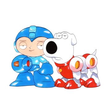 ._. 1boy all_fours arm_cannon artbycale black_eyes brian_griffin clenched_hand cosplay expressionless family_guy helmet highres male_focus mega_man_(character) mega_man_(character)_(cosplay) mega_man_(classic) mega_man_(series) rush_(mega_man) rush_(mega_man)_(cosplay) simple_background smile stewie_griffin weapon white_background