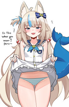 1girl ahoge animal_ear_fluff animal_ears bikini blonde_hair blue_bikini blue_bow blue_collar blue_eyes blue_panties blue_sailor_collar blue_streaks blunt_bangs bow cat_ears clothes_lift collar commentary dress english_commentary english_text fang fins fish_girl fish_tail frilled_collar frills hair_bow highres indie_virtual_youtuber lifebuoy_hair_ornament lifting_own_clothes long_hair looking_at_viewer low_twintails multicolored_hair one_side_up panties paper_boat sailor_collar sailor_dress sameko_saba sameko_saba_(1st_costume) sari_(zakura27502762) simple_background skin_fang skirt skirt_lift sleeveless sleeveless_dress solo streaked_hair striped_clothes striped_panties swimsuit tail twintails underwear very_long_hair virtual_youtuber white_background white_dress