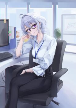 1girl 4nswerer absurdres ahoge black-framed_eyewear black_pants breasts chair closed_mouth collarbone collared_shirt commentary computer computer_keyboard crossed_legs desk feet_out_of_frame glasses hand_on_own_face highres id_card indoors ine_(vtuber) korean_commentary lanyard long_sleeves looking_at_viewer medium_breasts monitor office office_chair office_lady pants purple_eyes shirt shirt_tucked_in short_hair sitting smile solo sticky_note swivel_chair virtual_youtuber waktaverse watch white_hair white_shirt wristwatch
