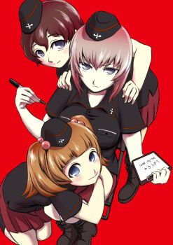 Rule 34 | 3girls, absurdres, akaboshi koume, black hat, black jacket, black skirt, blue eyes, brown hair, garrison cap, girls und panzer, girls und panzer phase erika, grey shirt, hair tie, hat, heike gani, highres, itsumi erika, jacket, kuromorimine military uniform, kuromorimine school uniform, long hair, miniskirt, multiple girls, orange hair, red skirt, rou leila, school uniform, shirt, skirt, twintails