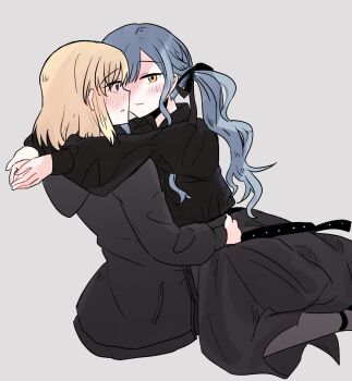 2girls arms_around_neck bang_dream! bang_dream!_it&#039;s_mygo!!!!! black_coat black_ribbon black_shirt black_skirt blonde_hair blue_hair blush closed_mouth coat commentary_request grey_background hair_ribbon highres medium_hair misumi_uika multiple_girls ribbon shirt simple_background sitting sitting_on_lap sitting_on_person skirt smile togawa_sakiko twintails yellow_eyes yrk_ev yuri