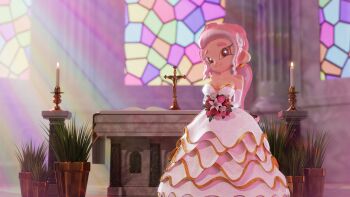 1girl absurdres agent_8_(splatoon) altar bouquet breasts bride candle church church_interior cleavage cross crucifix dress flower gloves highres holding holding_bouquet large_breasts light_rays long_hair looking_at_viewer low_ponytail nintendo octoling octoling_girl octoling_player_character octopus_girl orange_eyes pink_hair plant pointy_ears ponytail potted_plant smile soandnb splatoon_(series) stained_glass standing strapless strapless_dress suction_cups sunbeam sunlight tentacle_hair wedding_dress white_dress white_gloves