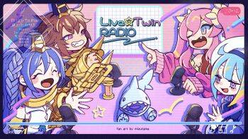 1boy 3girls blue_hair blush breasts brown_hair chain chained collar commentary_request cuffs duel_monster fang highres ki-sikil_(yu-gi-oh!) lil-la_(yu-gi-oh!) live_twin_ki-sikil live_twin_lil-la long_hair metal_collar microphone mizutama_(mizutamalion) multiple_girls pink_eyes pink_hair shackles short_hair side_ponytail smile unchained_twins_-_aruha unchained_twins_-_rakea yu-gi-oh!