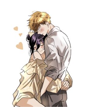 1boy 1girl blonde_hair blush bow busuttt chainsaw_man closed_eyes commentary cowboy_shot denji_(chainsaw_man) hair_between_eyes hair_bow highres hug looking_down medium_hair off_shoulder purple_hair reze_(chainsaw_man) shirt short_hair smile symbol-only_commentary white_background white_shirt yellow_bow yellow_shirt