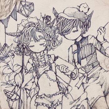 bare_legs bird bloomers bow closed_eyes collar commentary_request cowboy_shot curly_hair expressionless flower frilled_collar frills hair_flower hair_ornament hair_over_one_eye hashtag-only_commentary hat head_wreath holding holding_needle horns karintoun leaf long_sleeves medium_hair midriff monochrome needle original plant puffy_sleeves puppet ribbon rose shirt short_hair short_shorts shorts sidelocks simple_background straight-on swept_bangs thread traditional_media underwear vest white_background