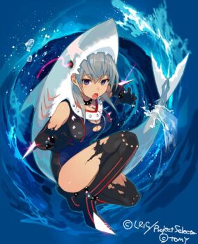 1girl animal_hood black_gloves black_thighhighs blue_one-piece_swimsuit breasts character_request claw_pose cleavage copyright_notice elbow_gloves fang fins fish_tail gloves grey_eyes grey_hair hood large_breasts looking_at_viewer medium_hair official_art one-piece_swimsuit open_mouth sasamori_tomoe shark_hood shark_tail skin_fang solo swimsuit tail thighhighs water wixoss