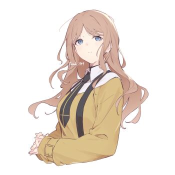 1girl bang_dream! bang_dream!_it's_mygo!!!!! black_necktie blue_eyes brown_hair closed_mouth commentary english_commentary highres kanade_(kanade_3344) long_hair mitsuketa_keshiki_tazusaete nagasaki_soyo necktie own_hands_together sidelocks solo suspenders sweater yellow_sweater