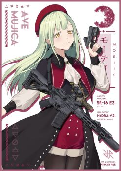 1girl artist_logo artist_name ascot assault_rifle bang_dream! bang_dream!_it's_mygo!!!!! beret black_capelet black_jacket black_thighhighs capelet character_name commentary copyright_name earrings green_hair grey_shirt gun handgun hat high-waist_shorts highres hiroki_ree holding holding_gun holding_weapon jacket jewelry logo long_hair long_sleeves looking_at_viewer mortis_(bang_dream!) mortis_(costume)_(bang_dream!) red_hat red_shorts rifle shirt shorts smile solo thighhighs wakaba_mutsumi weapon white_ascot yellow_eyes