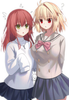 2girls ? arcueid_brunestud arcueid_brunestud_(cosplay) arms_behind_back aro_1801 blonde_hair blue_skirt blush bocchi_the_rock! bow bowtie breasts confused cosplay crossover flustered jewelry kita_ikuyo kita_ikuyo_(cosplay) large_breasts long_hair long_sleeves looking_at_another multiple_girls necklace pleated_skirt red_bow red_bowtie red_eyes red_hair sailor_collar school_uniform short_hair simple_background size_difference skirt sweat sweater tsukihime tsukihime_(remake) turtleneck turtleneck_sweater voice_actor_connection white_sweater yellow_eyes