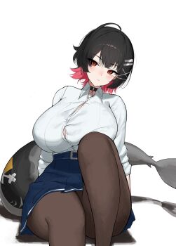 1girl alternate_breast_size_(larger) black_choker black_hair black_pantyhose blue_skirt breasts button_gap choker closed_mouth colored_inner_hair commentary cowboy_shot ellen_joe ellen_joe_(on_campus) fins fish_tail hair_ornament highres huge_breasts knee_up looking_at_viewer mole mole_under_eye mulhubs multicolored_hair official_alternate_costume pantyhose razor_blade_hair_ornament red_eyes shark_girl shark_tail shirt short_hair simple_background sitting skirt solo tail white_background white_shirt x_hair_ornament zenless_zone_zero