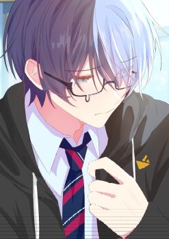 1boy aoyagi_touya bespectacled black_jacket blue_hair diagonal-striped_clothes diagonal-striped_necktie drawstring eyes_visible_through_hair glasses grey_eyes hand_up hashtag-only_commentary highres hood hood_down hooded_jacket jacket kamiyama_high_school_uniform_(project_sekai) long_sleeves male_focus multicolored_hair necktie project_sekai school_uniform shiba_yoyoyo short_hair solo split-color_hair striped_clothes two-tone_hair upper_body