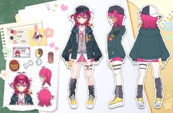 1girl ahoge antenna_hair backwards_hat bandaid baseball_cap bone_hair_ornament choker commentary dog dog_tags english_commentary gradient_hair green_jacket hair_ornament hat hood hoodie indie_virtual_youtuber jacket leg_warmers medium_hair multicolored_hair official_art ohitspiper orange_hair pink_skirt pleated_skirt red_hair reference_sheet school_swimsuit shoes skirt sneakers swimsuit thigh_strap thighs virtual_youtuber yellow_shoes