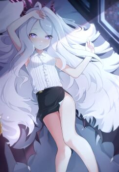 Rule 34 | 1girl, absurdres, ahoge, bilingual commentary, black halo, black skirt, blue archive, blush, breasts, commentary, demon girl, demon horns, demon wings, hair spread out, halo, highres, hina (blue archive), horns, indoors, long hair, looking at viewer, lying, mixed-language commentary, night, on bed, punimon (user ymmd3824), purple eyes, skirt, small breasts, solo, very long hair, white hair, wings