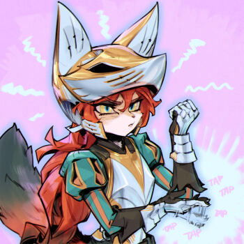 1girl animal_ears armor blush closed_mouth commentary english_commentary fox_ears fox_girl fox_tail gauntlets hair_between_eyes helmet highres juliet_sleeves long_hair long_sleeves orange_eyes original phantom_ix_row puffy_sleeves red_hair solo tail upper_body white_background