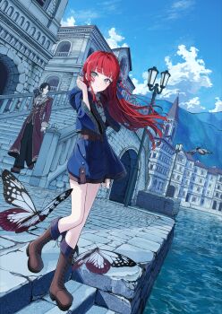 1boy 1girl absurdres animal animal_on_shoulder arch architecture black_cat black_hair black_pants blue_jacket blue_ribbon blue_shorts blue_sky boots bridge brown_boots bug building butterfly cat cat_on_shoulder closed_mouth cloud coat collared_shirt commentary_request day dot_nose european_architecture expressionless floating_hair frilled_shirt frilled_shirt_collar frills grey_eyes hair_ribbon hand_up highres hill hood hooded_jacket insect jacket lamppost long_hair long_sleeves looking_at_viewer looking_to_the_side mikisai neck_ribbon official_art open_clothes open_jacket outdoors pants pavement purple_coat red_hair red_ribbon ribbon river shirt short_hair short_shorts shorts sky sleeve_cuffs spire stairs stone_stairs straight_hair the_demoted_alchemist&#039;s_frontier_life town turning_head walking water white_shirt wide_sleeves