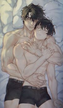 2boys black_hair black_male_underwear boxers bulge closed_eyes cowboy_shot hand_on_another&#039;s_arm hand_on_another&#039;s_shoulder hand_on_another&#039;s_stomach highres hug kim_dokja lying making_board male_focus male_underwear morning multiple_boys multiple_scars muscular muscular_male omniscient_reader&#039;s_viewpoint on_back on_bed scar scar_on_arm scar_on_face short_hair sidelighting smile spooning topless_male underwear yaoi yoo_joonghyuk