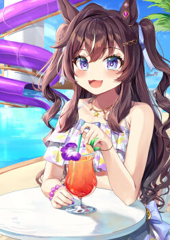 Rule 34 | 1girl, absurdres, animal ears, bare shoulders, bikini, blue sky, blush, breasts, brown hair, collarbone, commentary request, cup, drinking straw, ear ornament, floral print, floral print bikini, flower, food, frilled bikini, frills, fruit, hair between eyes, hair ribbon, highres, horse ears, horse girl, jewelry, long hair, looking at viewer, midriff, mole, mole under eye, multicolored hair, necklace, official alternate costume, official alternate hairstyle, open mouth, orange (fruit), orange slice, outdoors, pink bikini, pool, print bikini, purple nails, ribbon, ruffle bikini, sky, smile, solo, star (symbol), star necklace, streaked hair, swimsuit, table, umamusume, vivlos (eclat d'ete) (umamusume), vivlos (umamusume), water, water slide, white streaks, yoru usagi