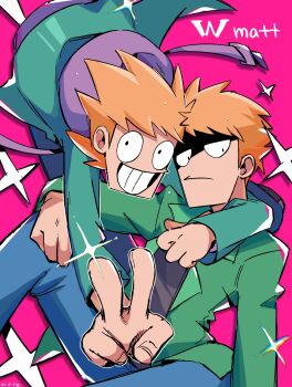 2boys :/ arm_around_neck black_eyes black_shirt blue_pants character_name commentary_request denim drawstring dual_persona eddsworld foreshortening green_jacket grin highres hood hood_down hoodie hug jacket jeans jitome long_sleeves looking_at_viewer male_focus matt_(eddsworld) multiple_boys open_clothes open_jacket orange_hair pants partial_commentary petoke pink_background prototype_design shaded_face shirt short_hair simple_background sitting smile sparkle spiked_hair toon_(style) v