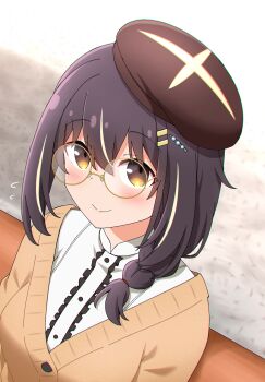 Rule 34 | 1girl, absurdres, beret, black hair, blush, braid, brown cardigan, brown eyes, brown hair, cardigan, center frills, choppy bangs, closed mouth, commentary request, frilled shirt, frills, glasses, hair ornament, hairclip, hat, hibi wa sugiredo meshi umashi, highres, kawai mako, looking at viewer, medium hair, parallel hairclips, round eyewear, shirt, smile, solo, split mouth, upper body, white shirt, yellow-framed eyewear, yuuyrx