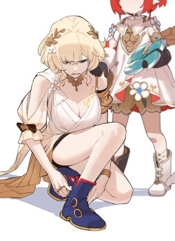 2girls aglaea_(honkai:_star_rail) biting_own_lip blonde_hair blue_boots boots bracelet breasts cleavage closed_eyes closed_mouth clothing_cutout commentary_request dress faceless faceless_female flower frown hair_ornament highres honkai:_star_rail honkai_(series) jewelry large_breasts lempika long_hair long_sleeves multiple_girls pain pointy_ears red_hair ring shoulder_cutout solo_focus squatting standing tribbie_(honkai:_star_rail) white_background white_boots white_dress white_flower