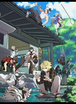 6+boys animal bush butterfly_net caught character_request chiganemaru_(touken_ranbu) claw_pose cloud cyp1a2 doudanuki_masakuni gokotai gokotai&#039;s_tigers hand_net highres ima-no-tsurugi injury iwatooshi kashuu_kiyomitsu lying male_focus multiple_boys net nihongou_(touken_ranbu) on_back outdoors ponytail sandals sayo_samonji scared squatting summer tiger touken_ranbu tree white_tiger